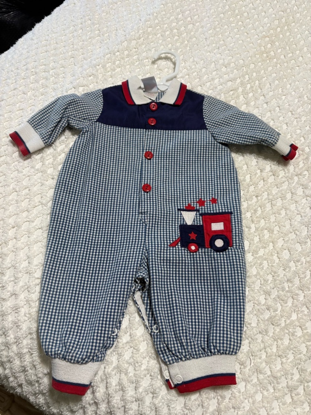Vintage 80’s  Navy & Red Toddle Tyke Gingham Baby One-Piece with Train Applique